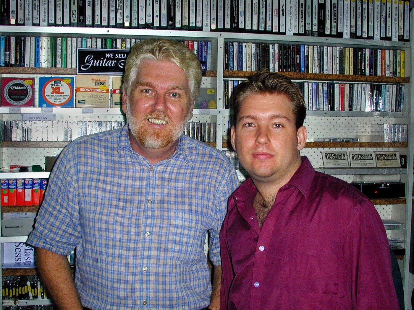 Kelly and his father at Pet Sounds record shop, Townsville