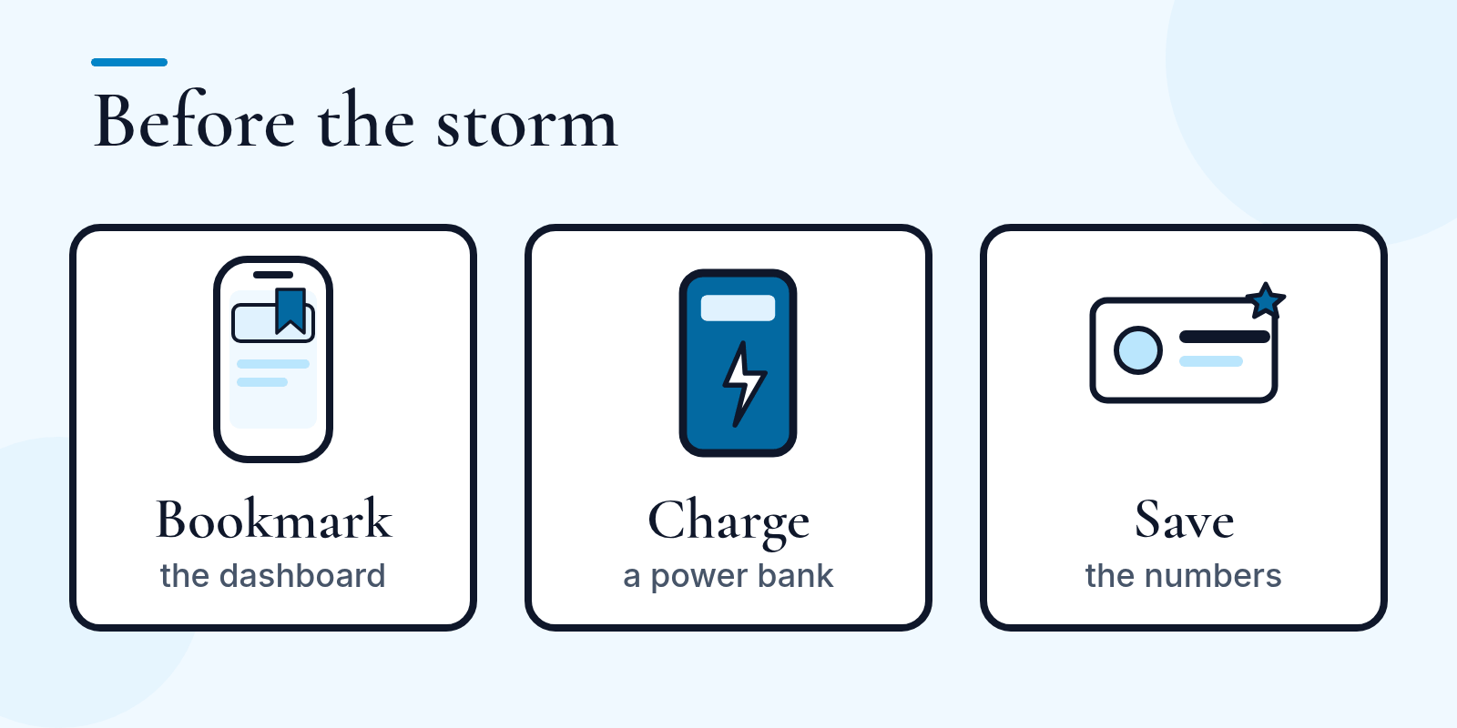 Three tiles: bookmark the dashboard, charge a power bank, save the numbers.