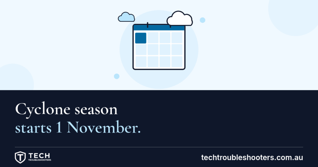 Illustration of a calendar with the first day highlighted and calm clouds, in navy and light blue. Headline: Cyclone season starts 1 November.