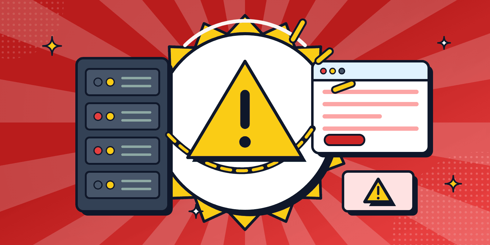 Bright illustration of a web server and a web page linked by a cable, with a big yellow warning sign flashing between them.