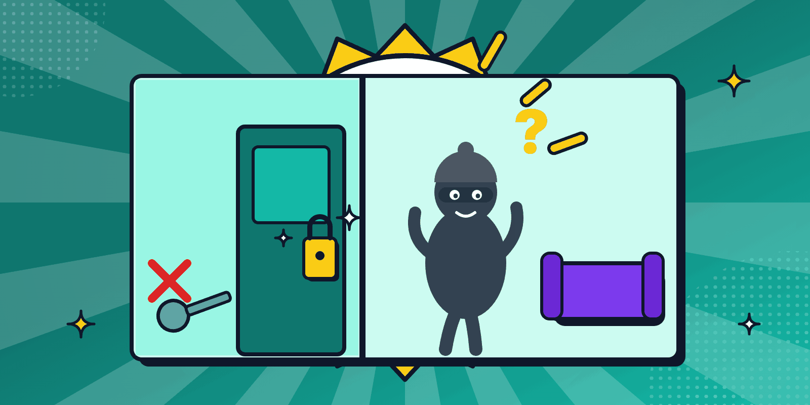 Friendly cartoon of a door with a shiny new yellow lock and an old key crossed out, while a soft shadow figure is already tiptoeing inside the house.