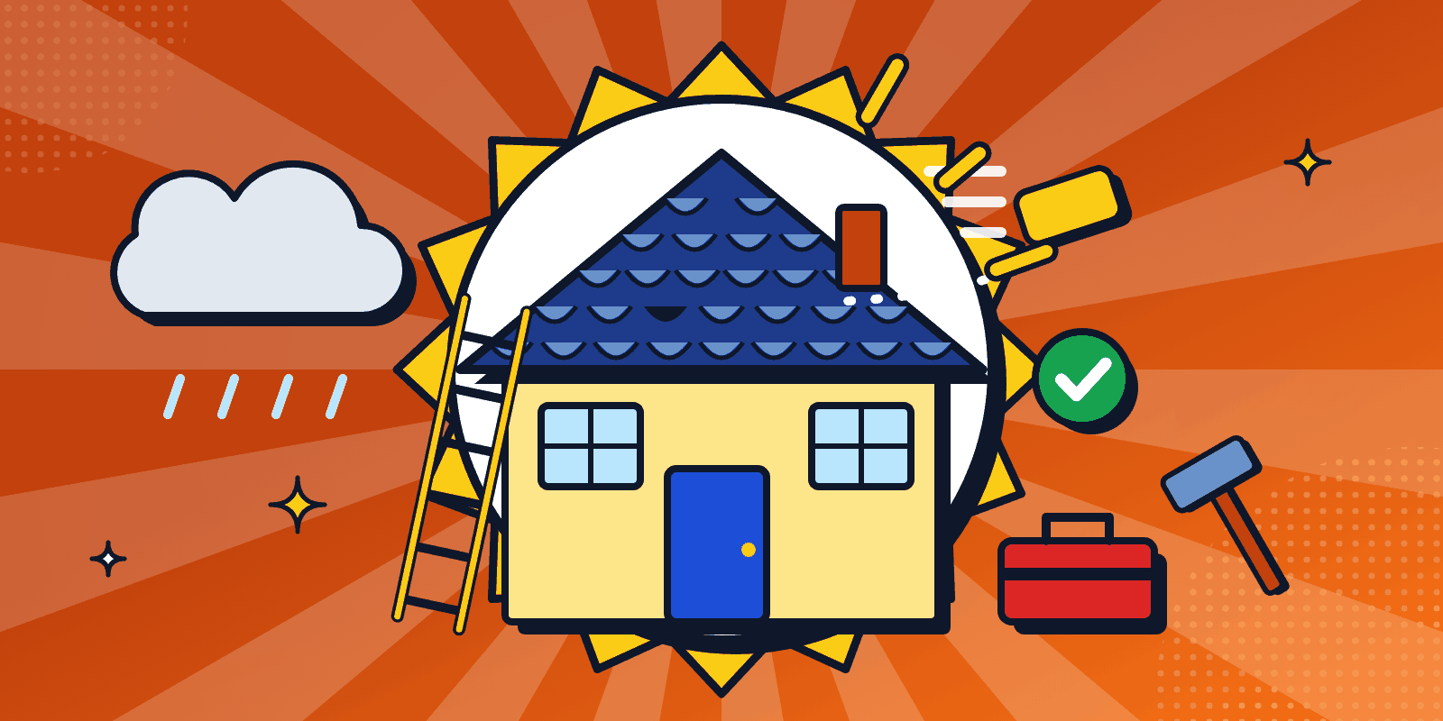Bright illustration of a house with a blue tiled roof, a ladder against the wall and a new yellow roof tile being fitted while a rain cloud passes overhead.