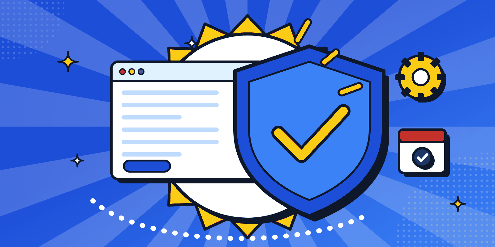 Bright illustration of a website protected by a big blue shield with a yellow tick, surrounded by a settings cog and a ticked calendar for regular updates.