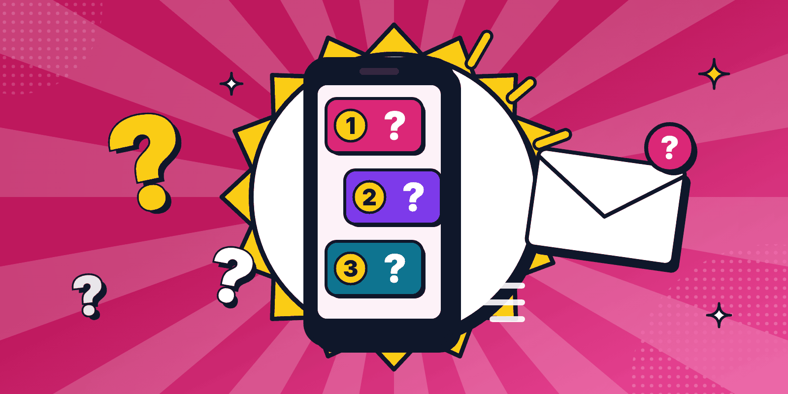 Bright illustration of a phone with three numbered question bubbles, an email envelope and big floating question marks.