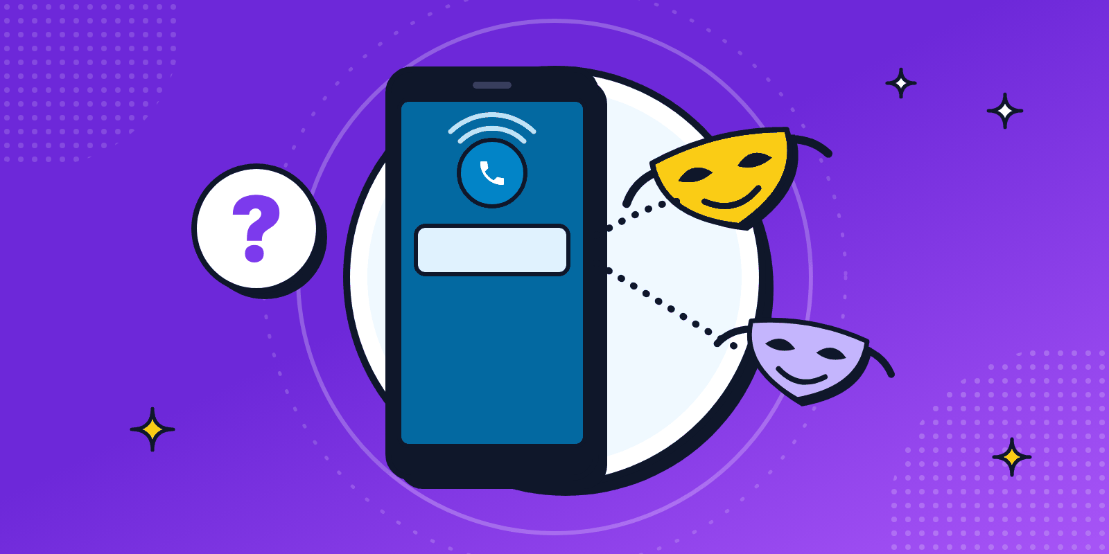 Bright illustration of a phone with a blank caller ID panel and two theatre masks floating out of it, beside a big question mark, showing a number can wear a costume.