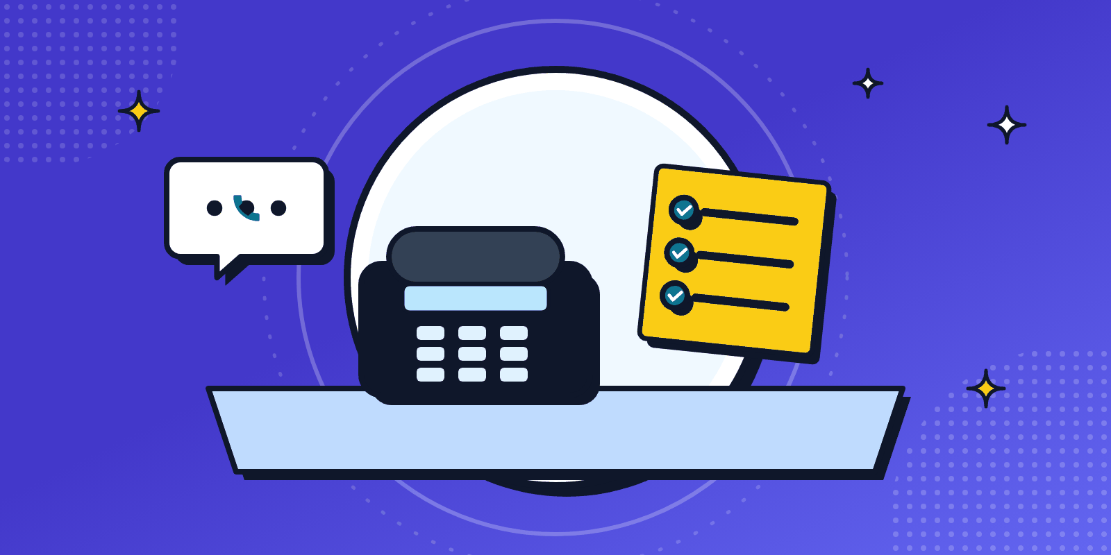 Bright illustration of a desk phone at a front counter with a yellow sticky note checklist of house rules and a chat bubble with a phone icon.