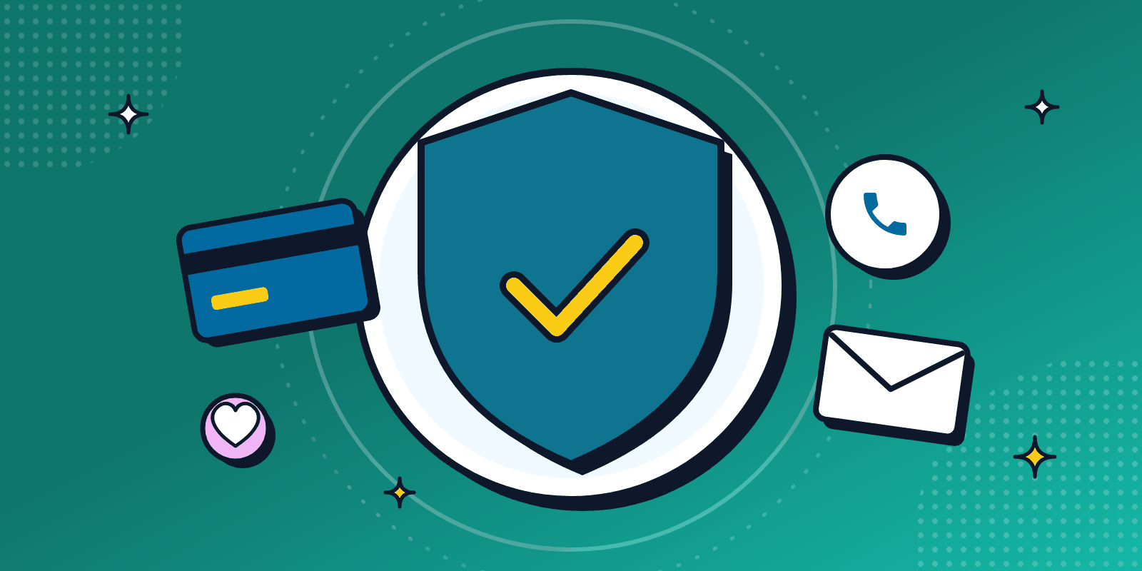 Bright illustration of a teal shield with a yellow tick, a bank card, a phone handset, an envelope and a small heart, for getting help after a scam.