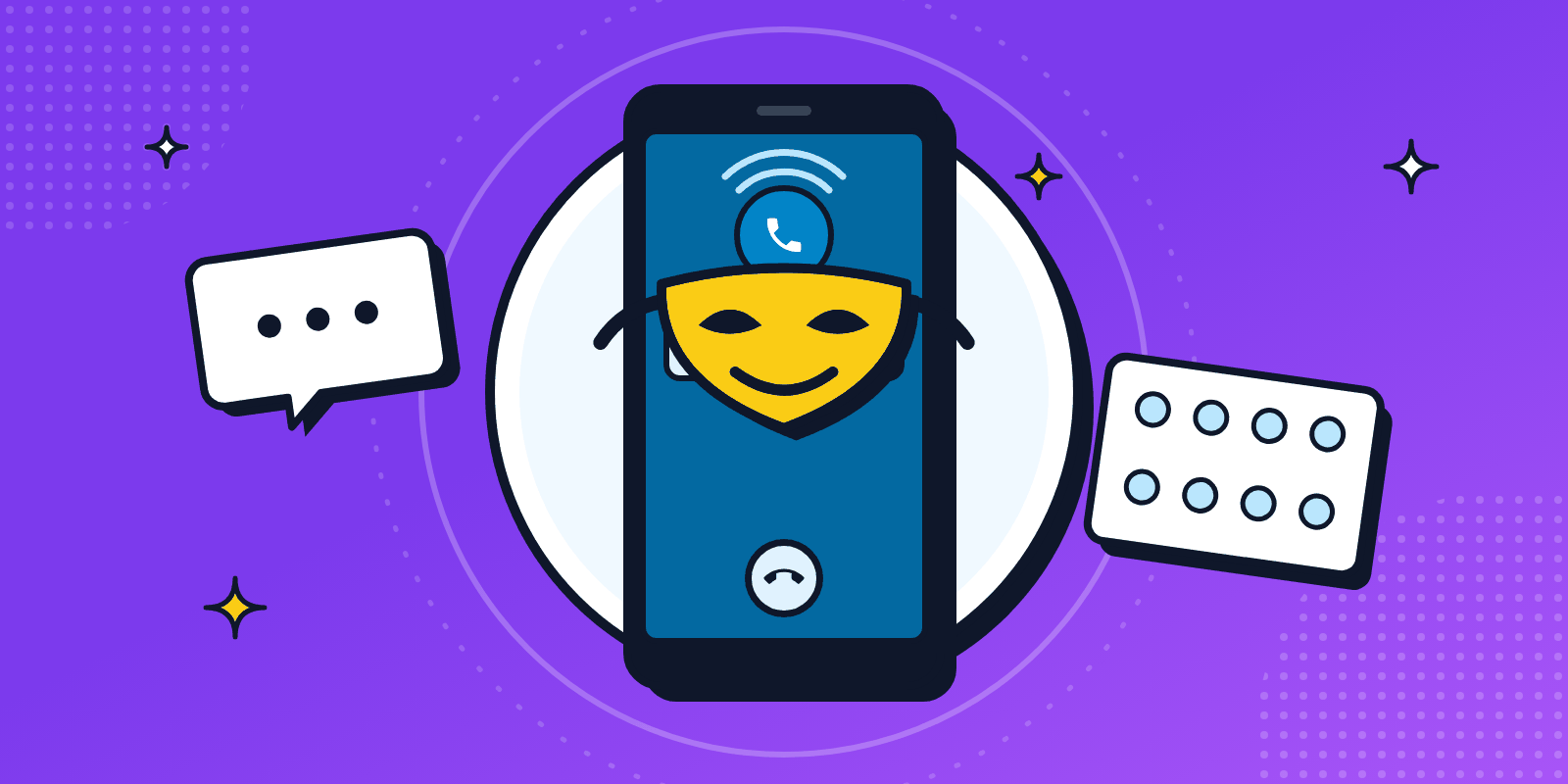 Bright illustration of a smartphone ringing with an incoming call, its caller ID hidden behind a smiling yellow theatre mask, beside a chat bubble and a keypad.