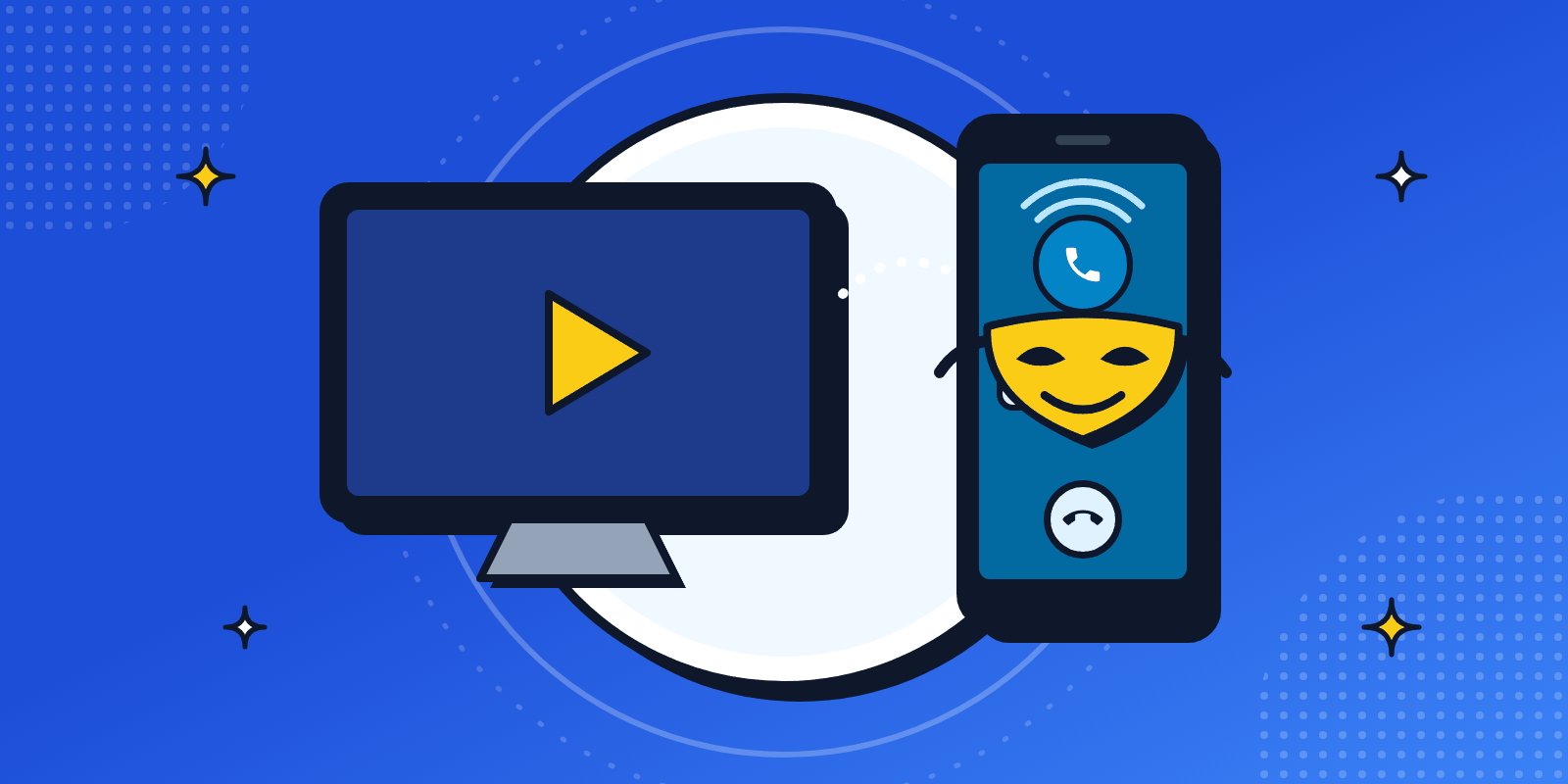Bright illustration of a video screen with a play button beside a ringing phone whose caller ID is covered by a theatre mask.
