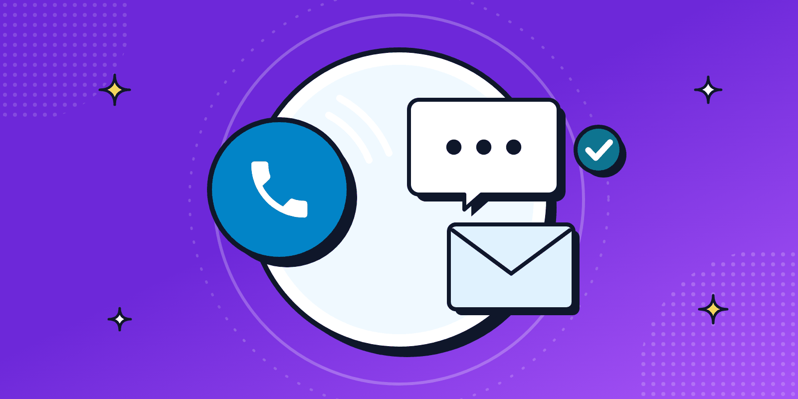 Bright illustration of a big phone handset with ringing lines, a chat bubble, an email envelope and a ticked circle, for getting in touch.