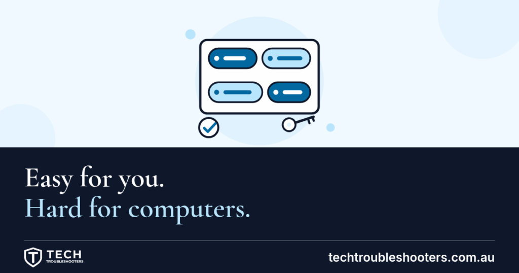 Illustration of a card holding four coloured word tiles with a key and a tick badge, in navy and light blue. Headline: Easy for you. Hard for computers.